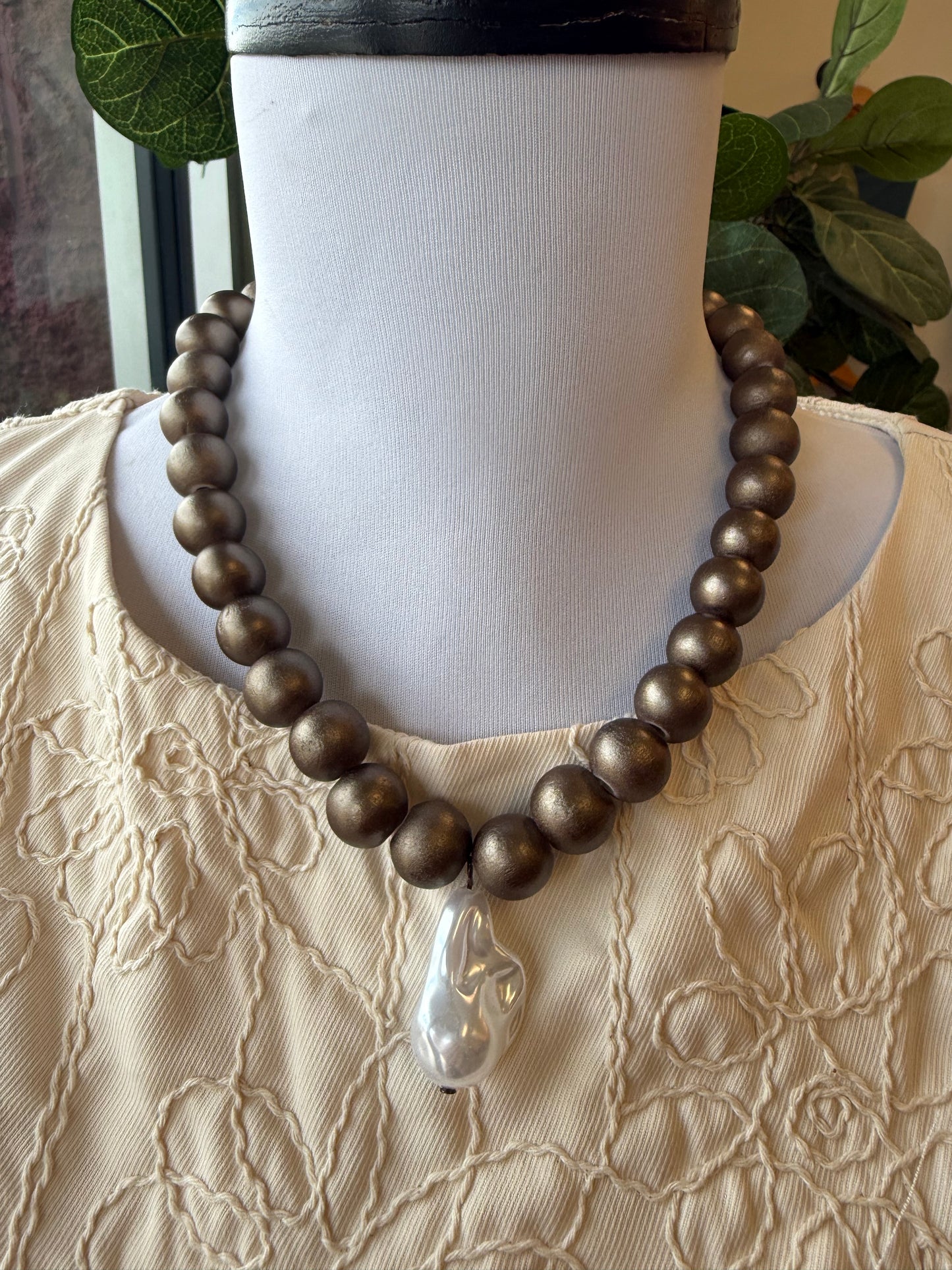 Wood and Pearl Necklace