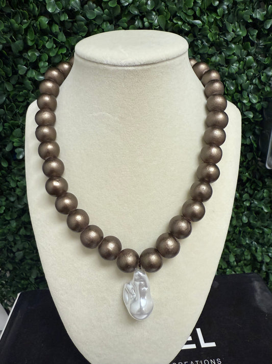 Wood and Pearl Necklace