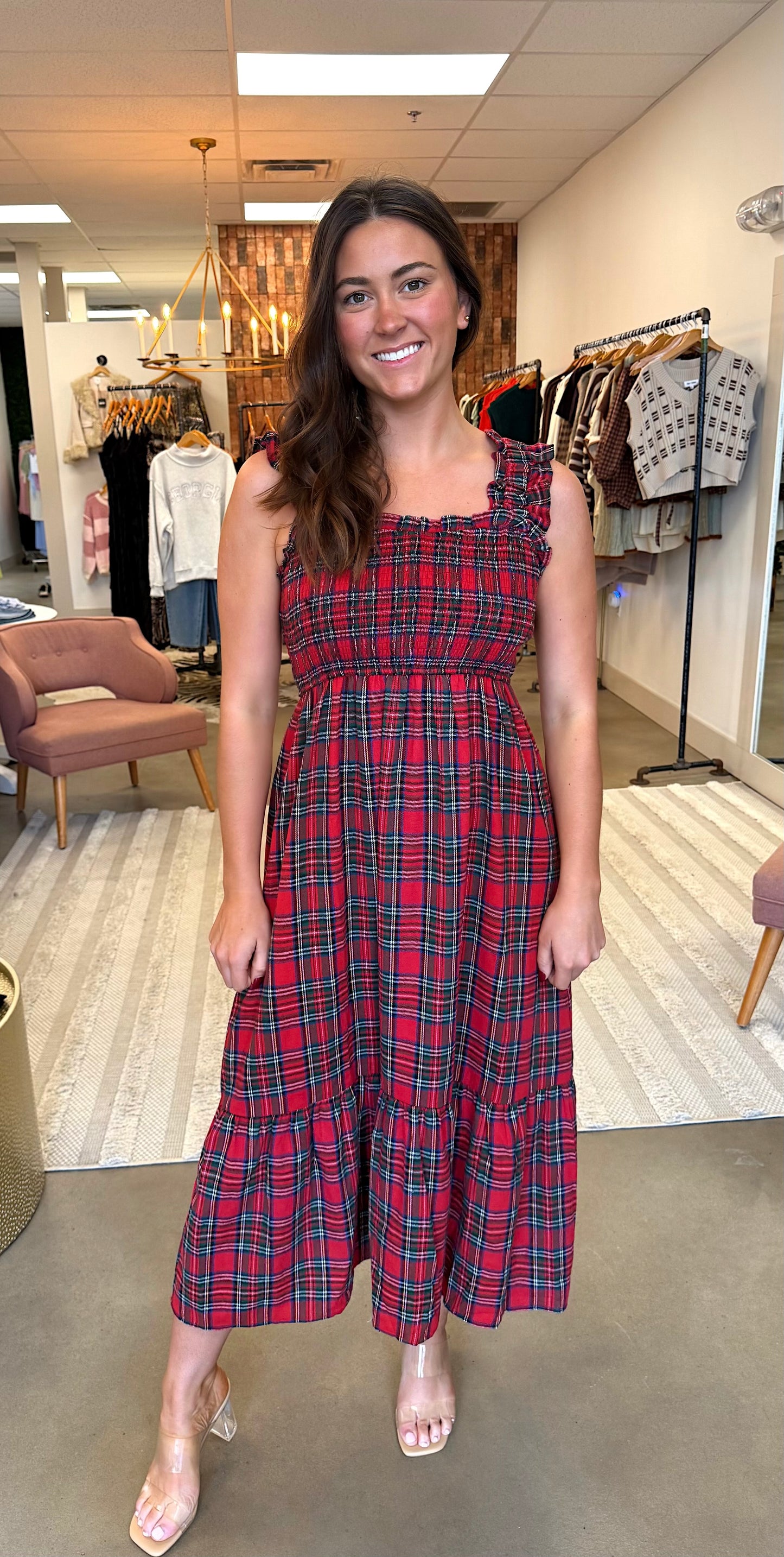 Plaid Smocked Midi Dress