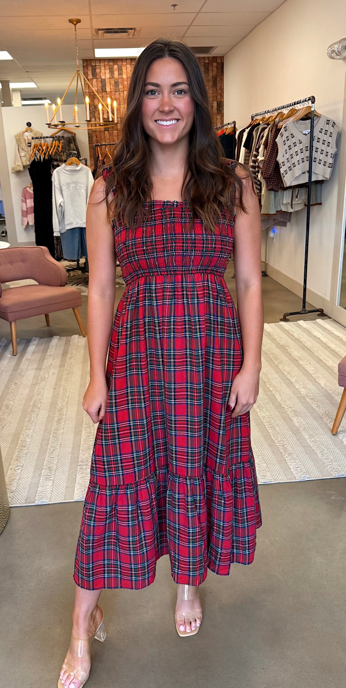 Plaid Smocked Midi Dress