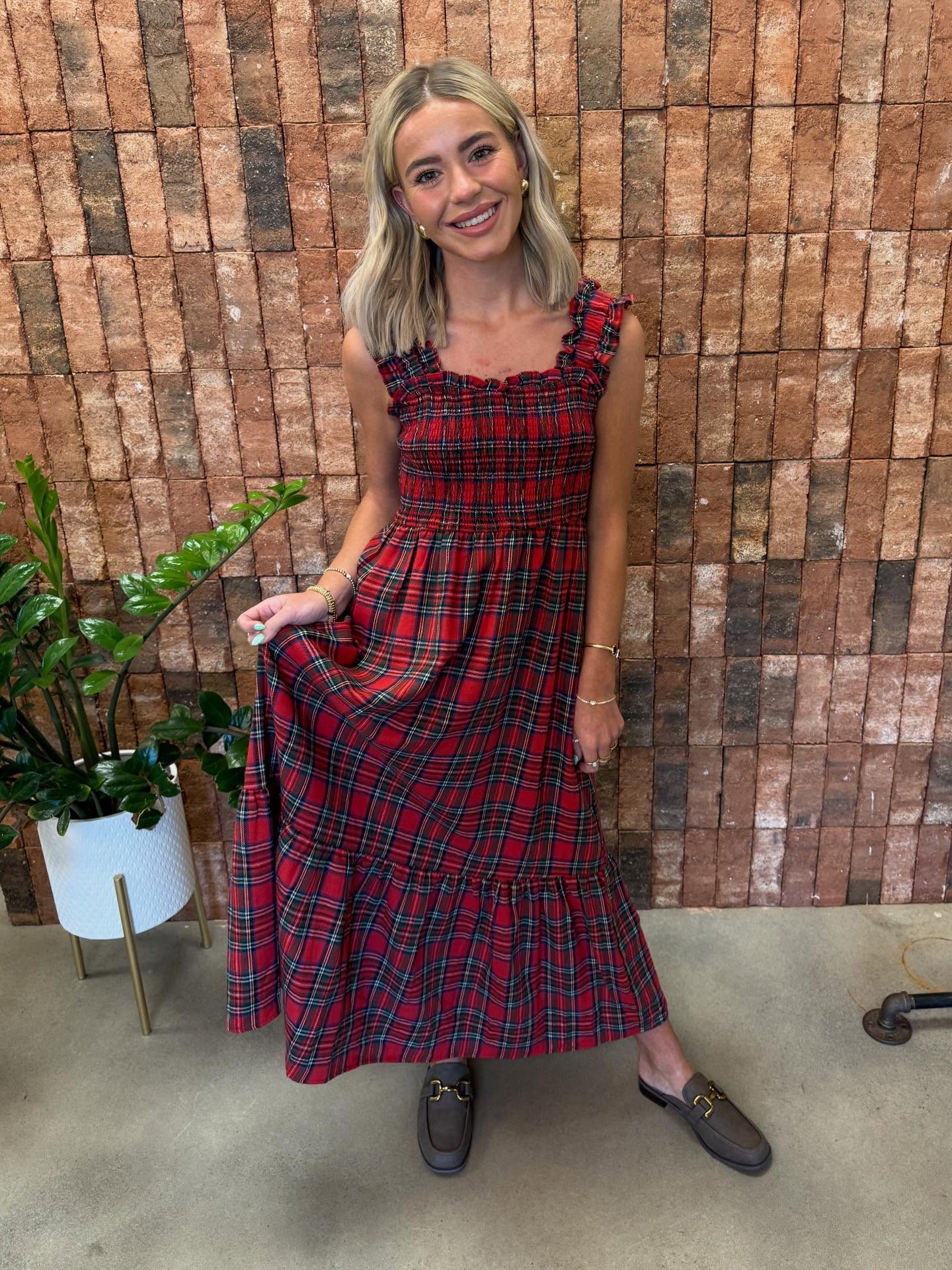 Plaid Smocked Midi Dress